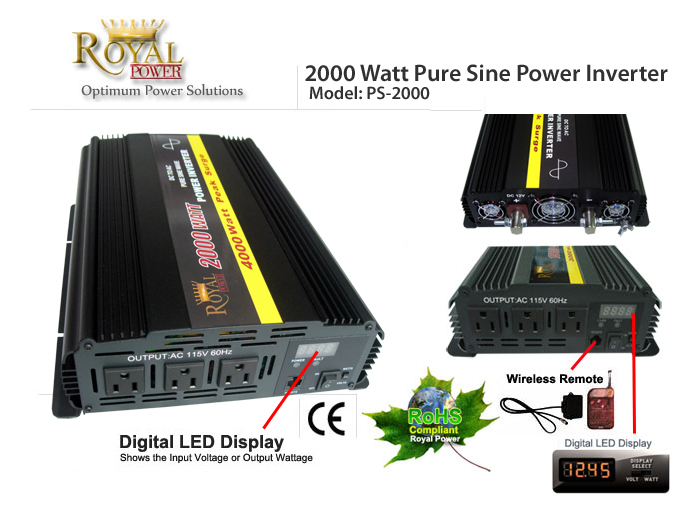 2000W Pure Sine Wave Power Inverter DC 12V to AC 120V